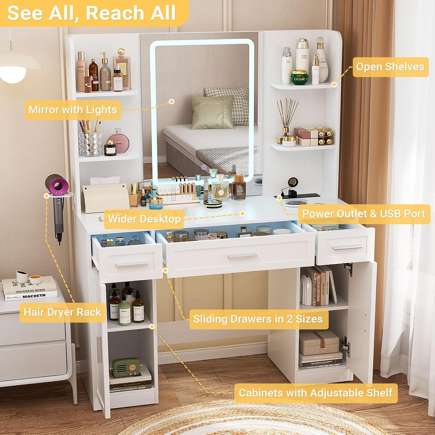 طاولة زينة بيضاء مع مرآة مضاءة - مراجعة Dressing Table Vanity With Lighted Mirror وسعره
