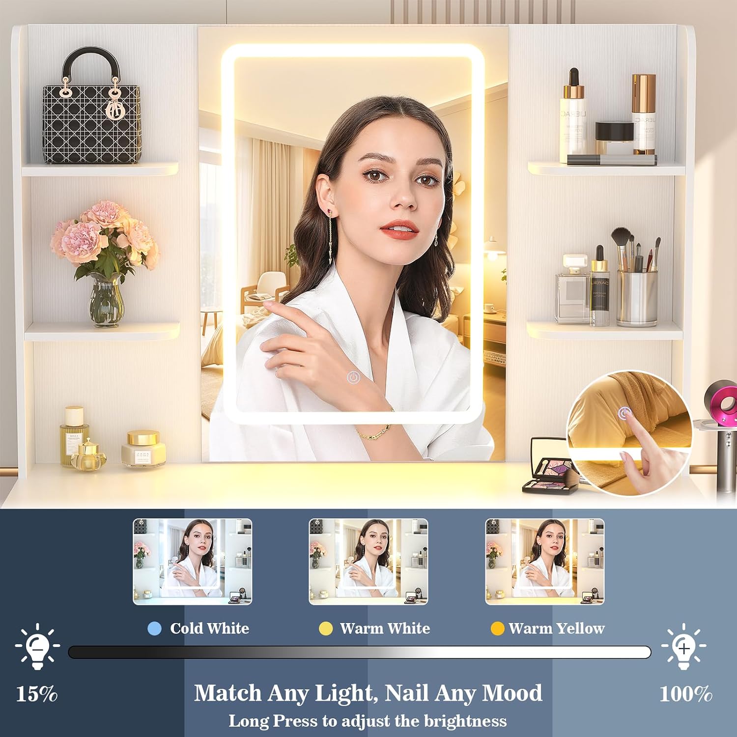طاولة زينة بيضاء مع مرآة مضاءة - مراجعة Dressing Table Vanity With Lighted Mirror وسعره