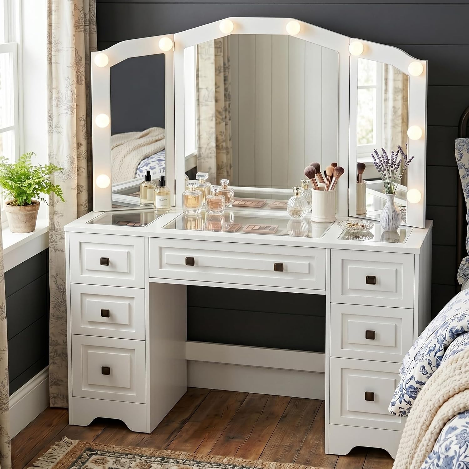 طاولة زينة مضاءة، مرآة ثلاثية  - مراجعة Dressing Table Vanity With Lighted Mirror وسعره